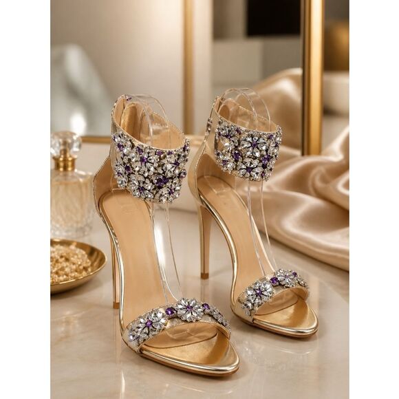 Shoes - Elegant Gold Rhinestone Embellished Women's Heels Size 37 EUC